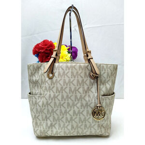 Michael Kors Jet Set Gray Crossgrain Leather MK Printed Pocket Tote Shoulder Bag